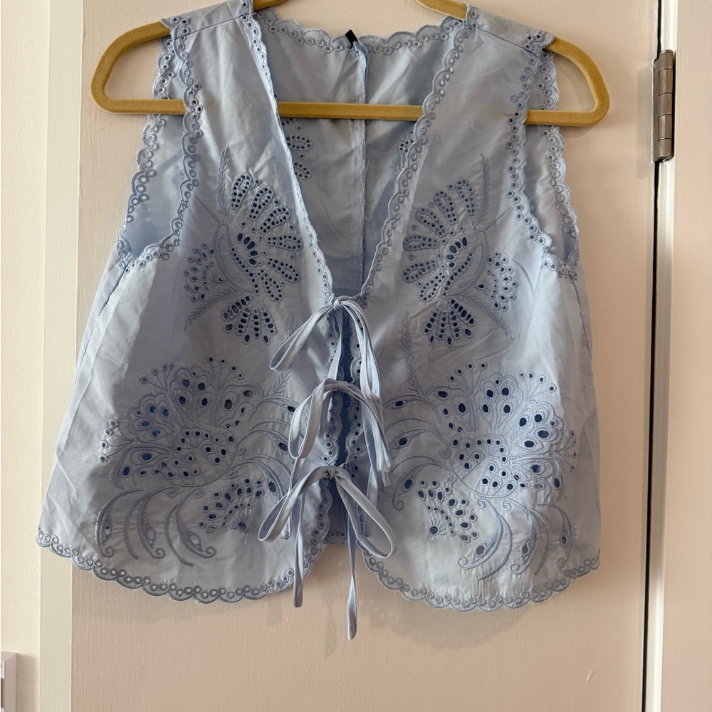 Light Blue Embroidered Tie-Front Eyelet Vest